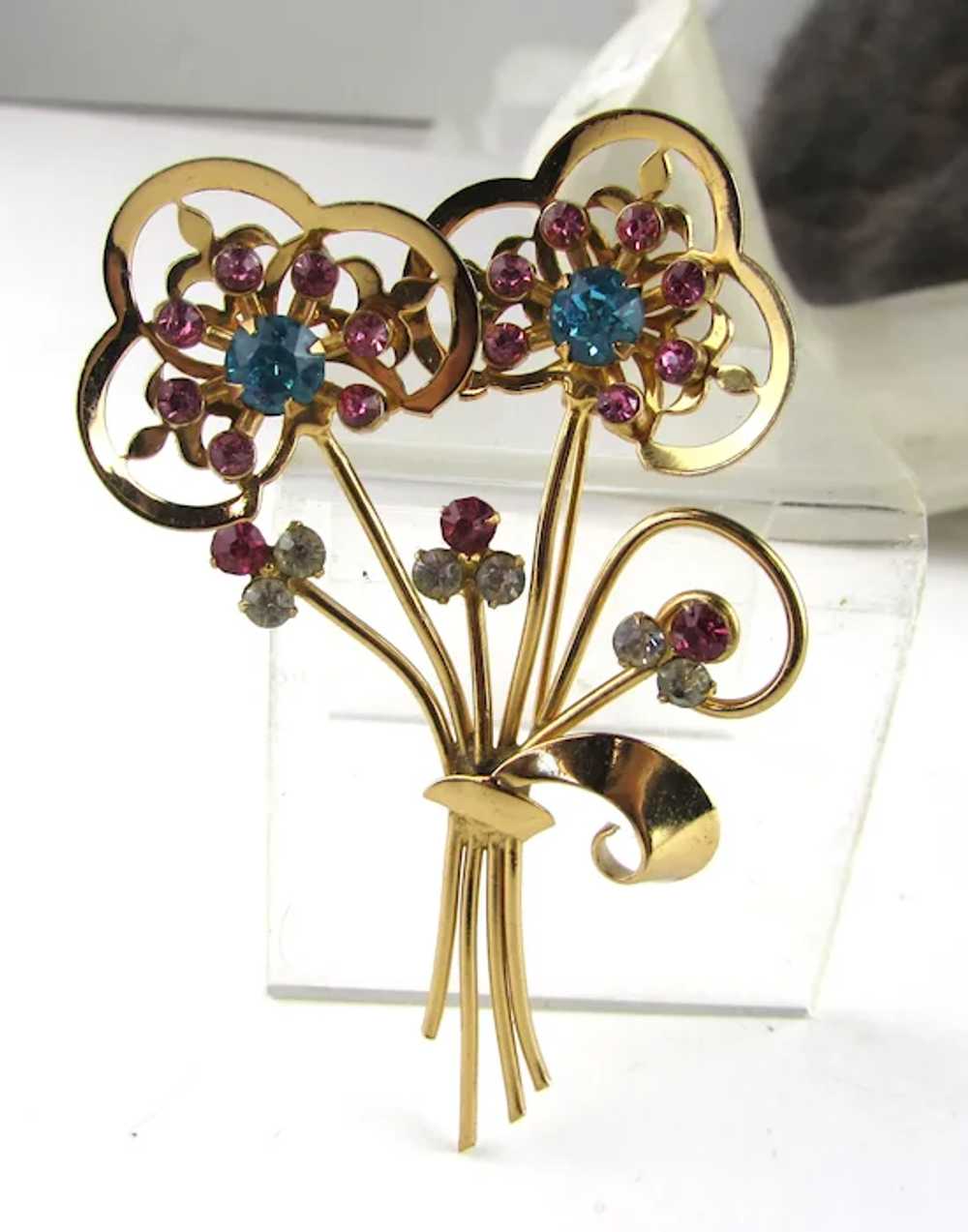 Coro Gold Tone Flower Pin With Pink and Turquoise… - image 11