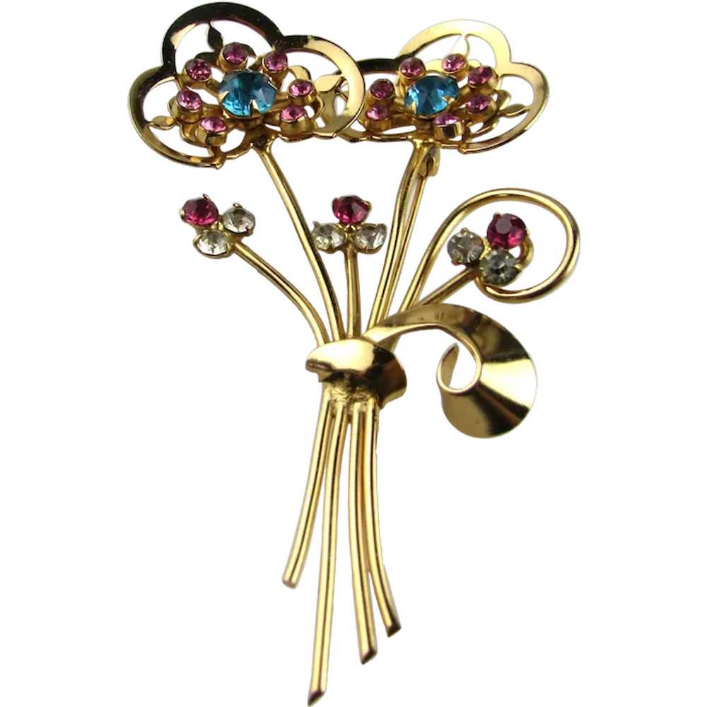 Coro Gold Tone Flower Pin With Pink and Turquoise… - image 1