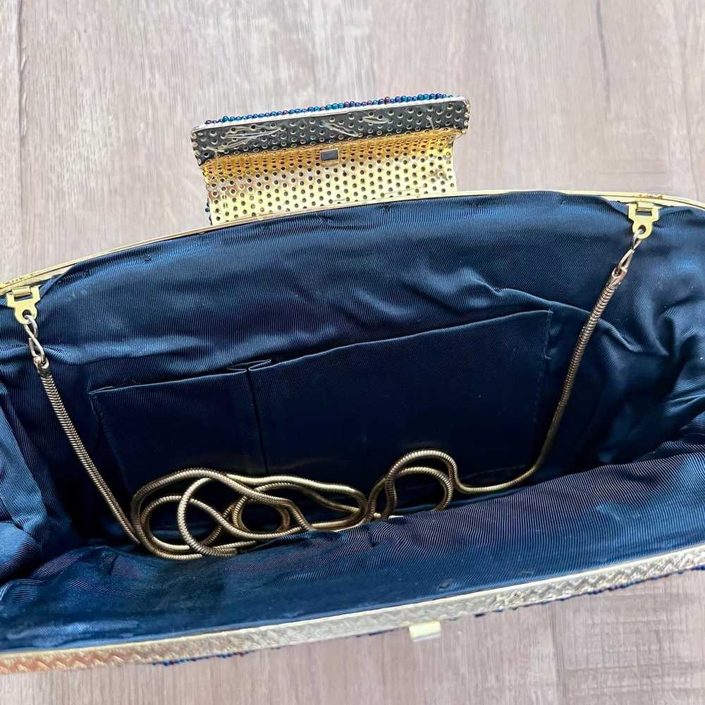 Antique Blue Gold Beaded Art Deco 1920s Clutch Pu… - image 5