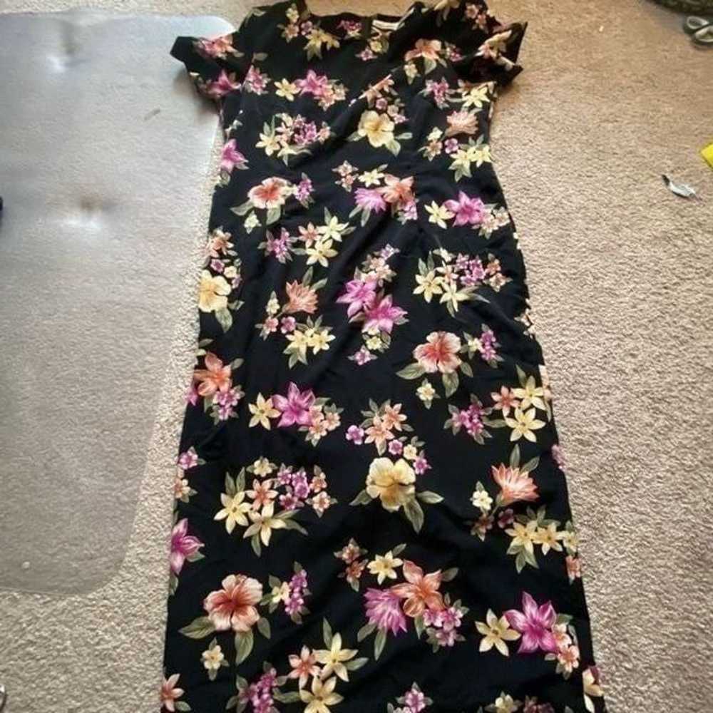 Kathie Lee black pink floral vintage midi dress s… - image 1
