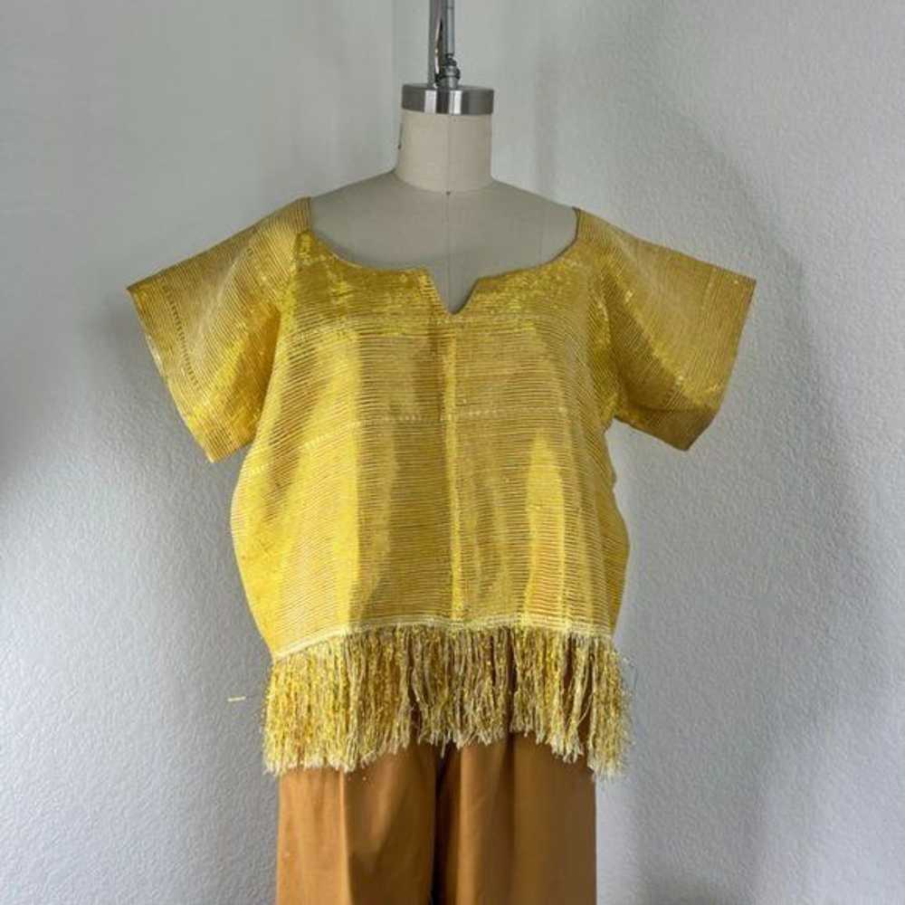 Handmade × Vintage Gold Metallic Fringe Scoop Top - image 1