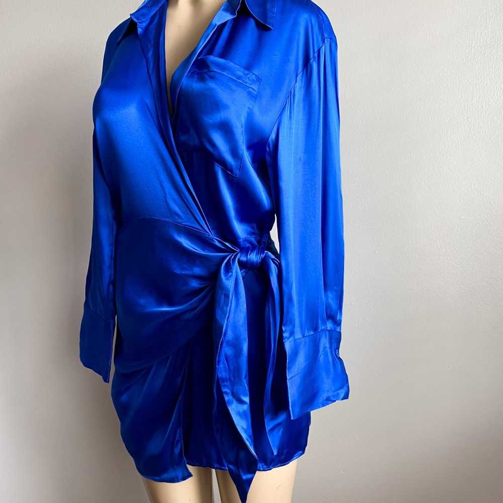 Zara Cobalt Blue Satin Long Sleeves Mini Wrap Col… - image 10