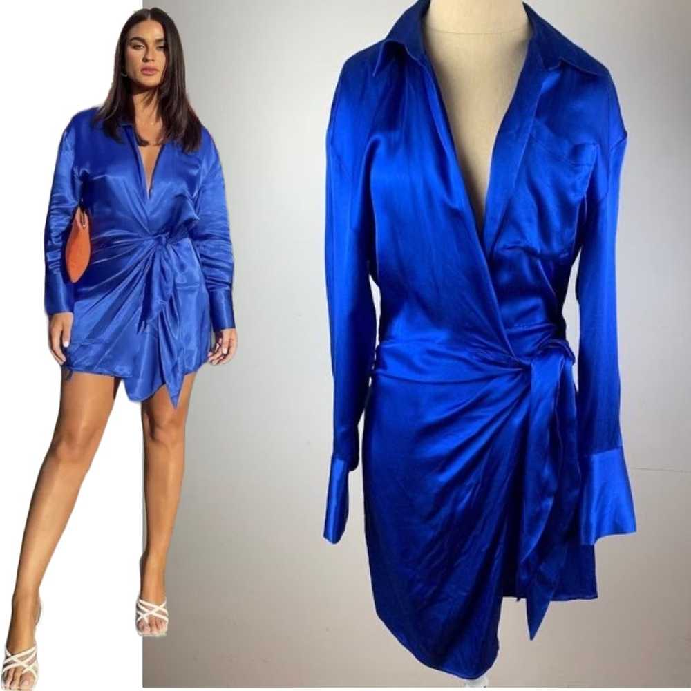 Zara Cobalt Blue Satin Long Sleeves Mini Wrap Col… - image 1