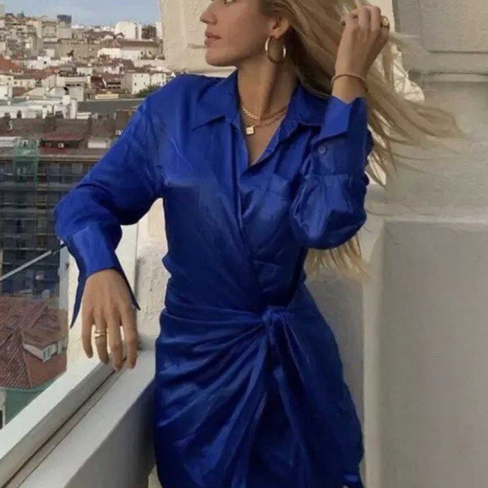 Zara Cobalt Blue Satin Long Sleeves Mini Wrap Col… - image 5