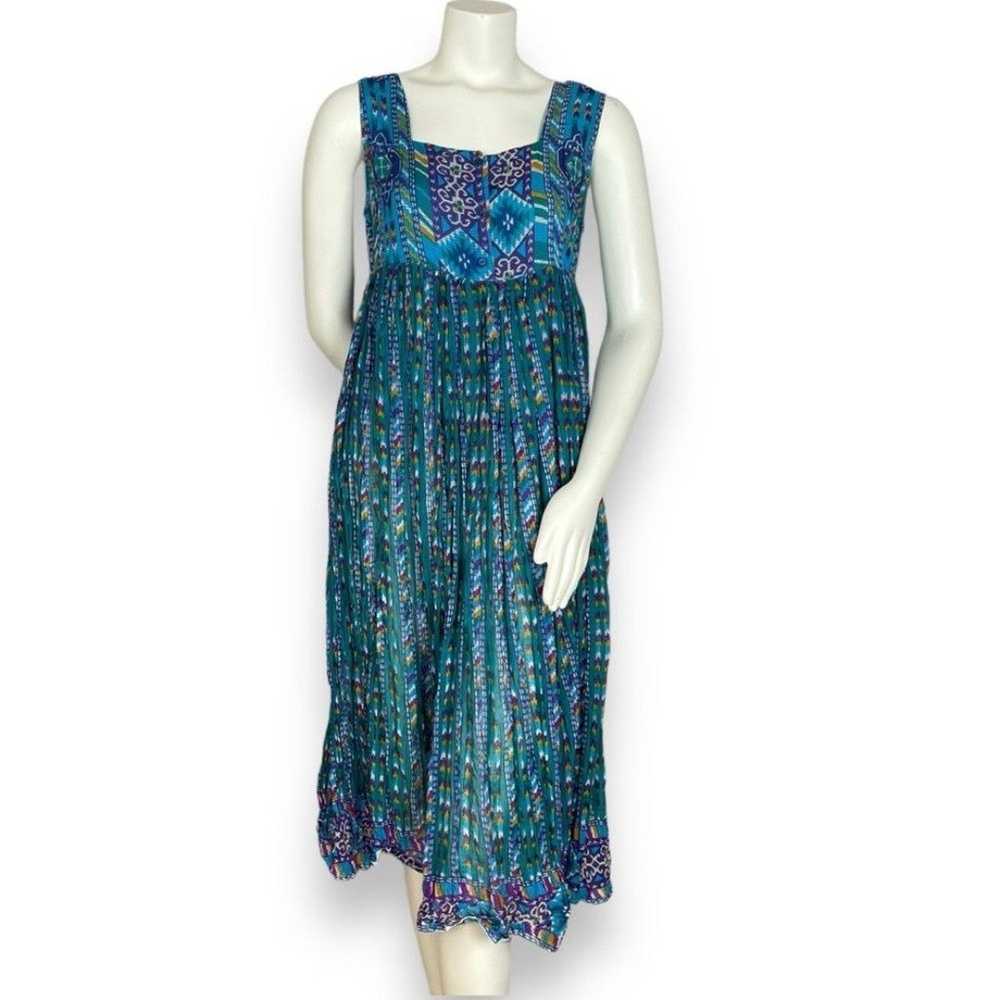 Vintage Dress Aztec Blue Green Gathered Waist Boh… - image 1