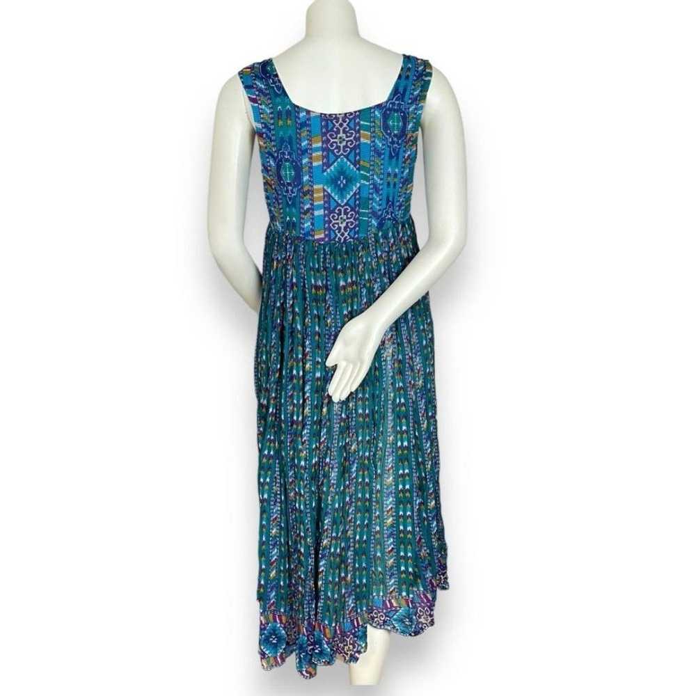 Vintage Dress Aztec Blue Green Gathered Waist Boh… - image 2
