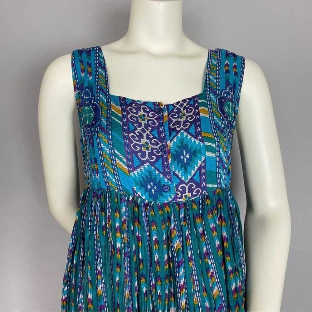 Vintage Dress Aztec Blue Green Gathered Waist Boh… - image 4