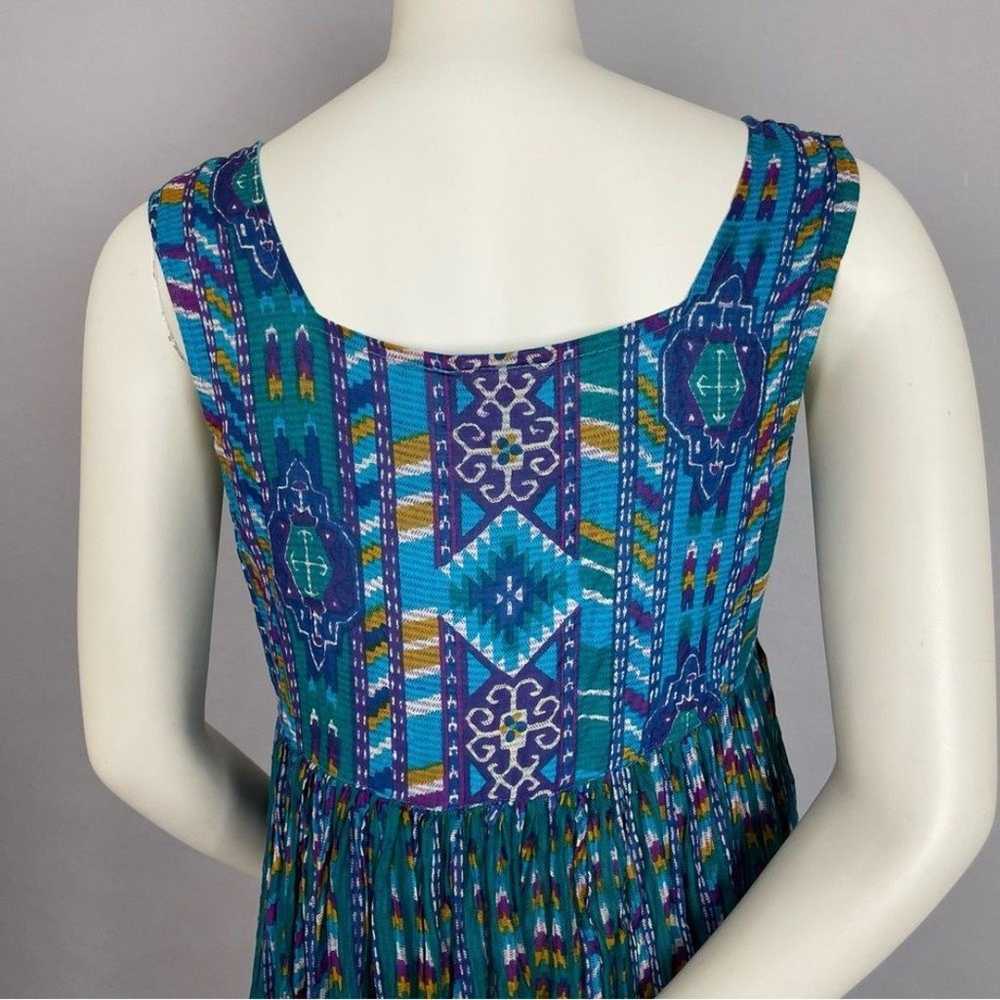 Vintage Dress Aztec Blue Green Gathered Waist Boh… - image 5