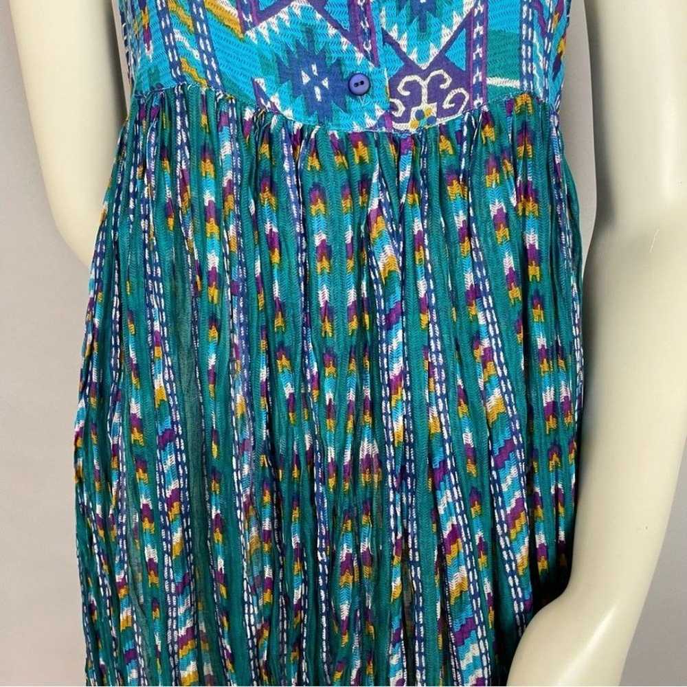 Vintage Dress Aztec Blue Green Gathered Waist Boh… - image 7