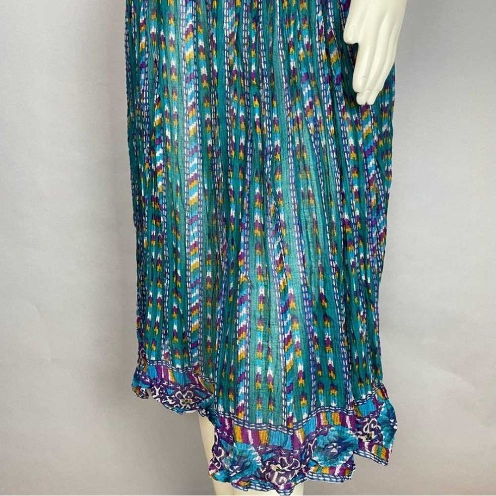 Vintage Dress Aztec Blue Green Gathered Waist Boh… - image 8