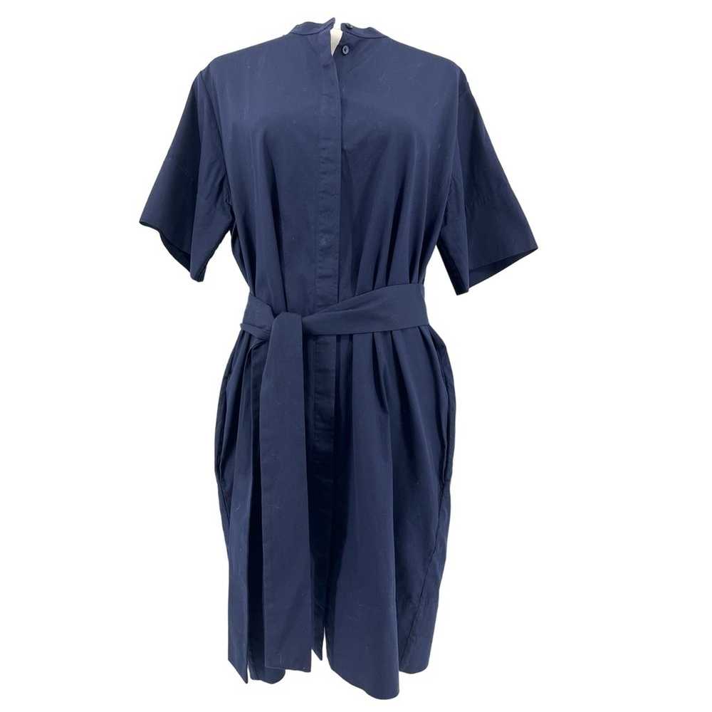 Everlane Navy Cotton Collarless Belted Knee Lengt… - image 3