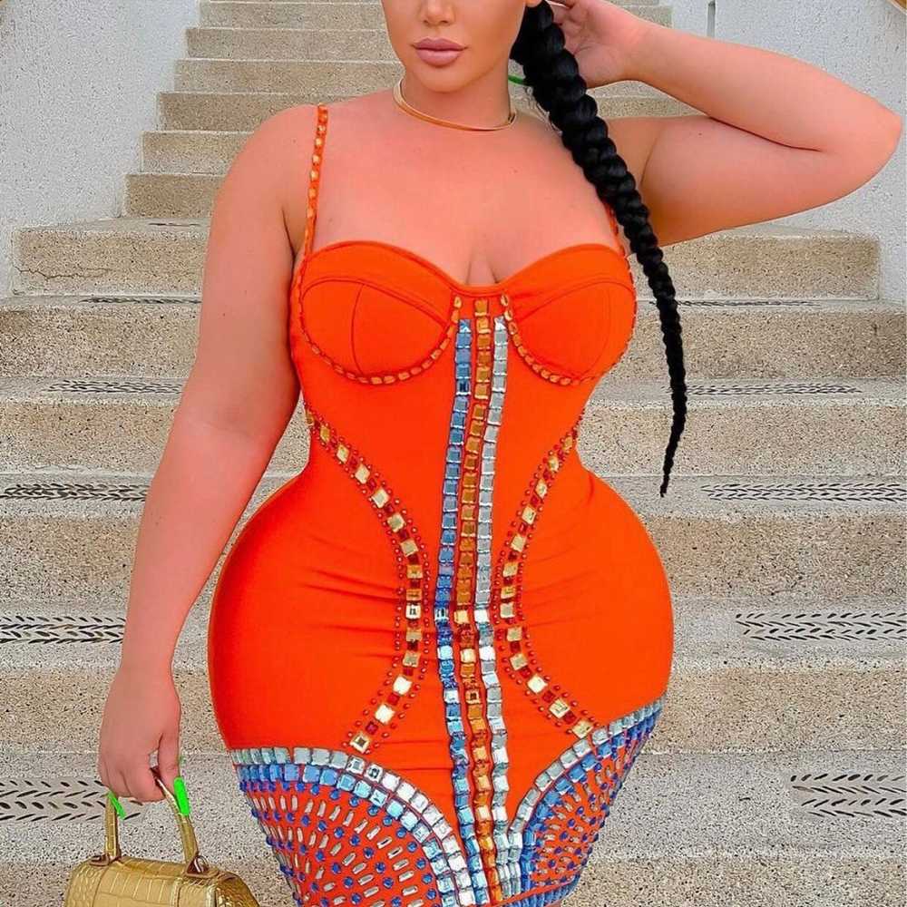 Plus size rhinestone bandage orange dress 2x - image 2