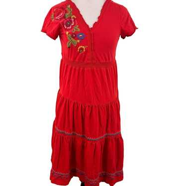 Johnny Was V-Neck Red Embroidered Floral Dress Si… - image 1