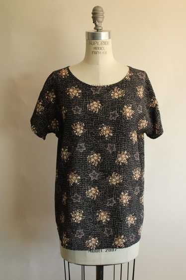 Vintage 1990s Black and Gold and Gray Floral Print