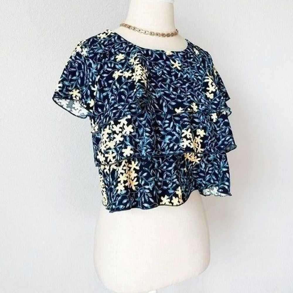 Zara Blue Yellow Short Sleeve Crewneck Floral Ruf… - image 4