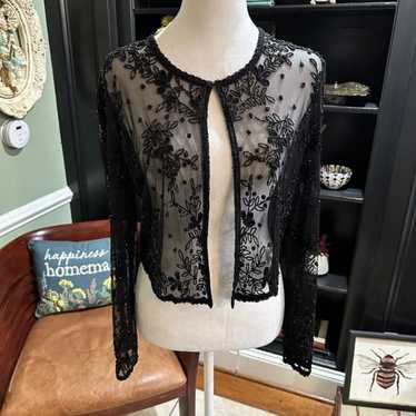 Scala Black Beaded Long Sleeve Lace Cardigan Size 