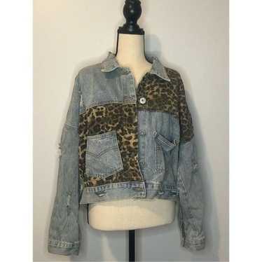 POL large denim leopard patchwork jacket size larg