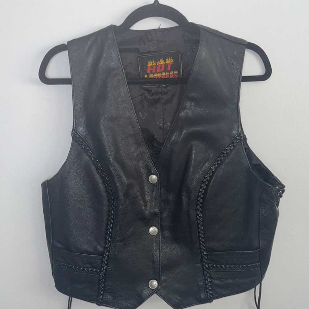 Vintage Black Leather Biker Vest Large - image 1