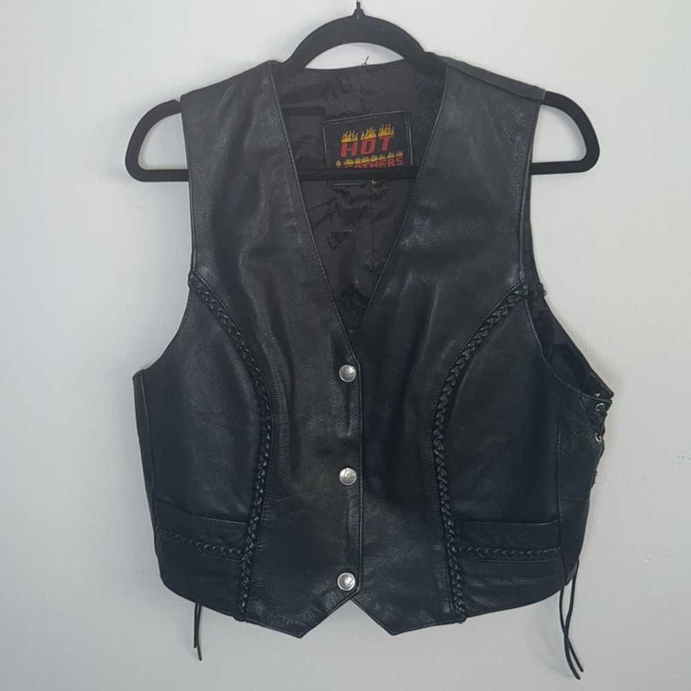 Vintage Black Leather Biker Vest Large - image 2