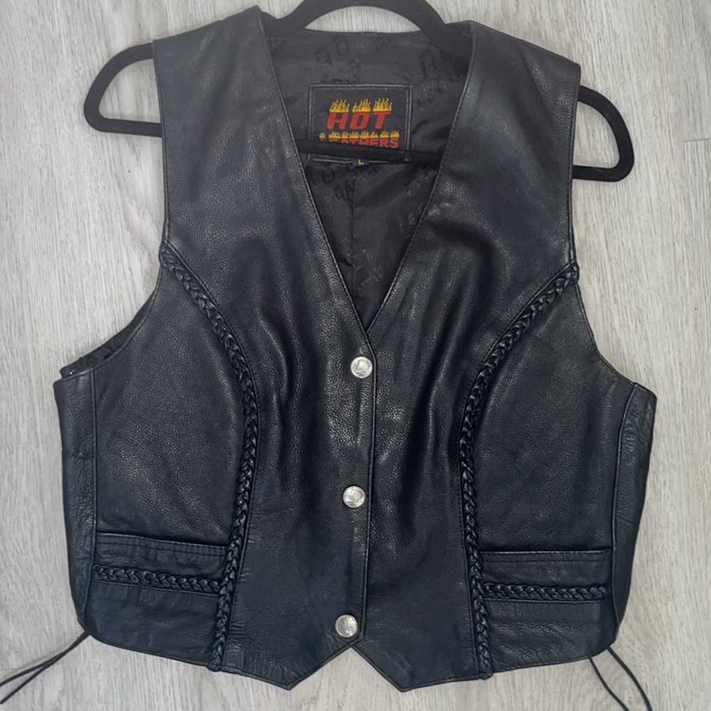 Vintage Black Leather Biker Vest Large - image 7