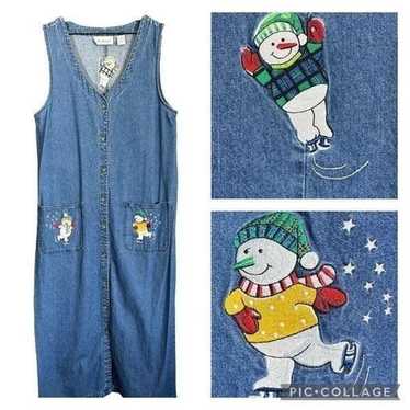 Vintage 90s Embroidered Ice Skating Snowmen Butto… - image 1