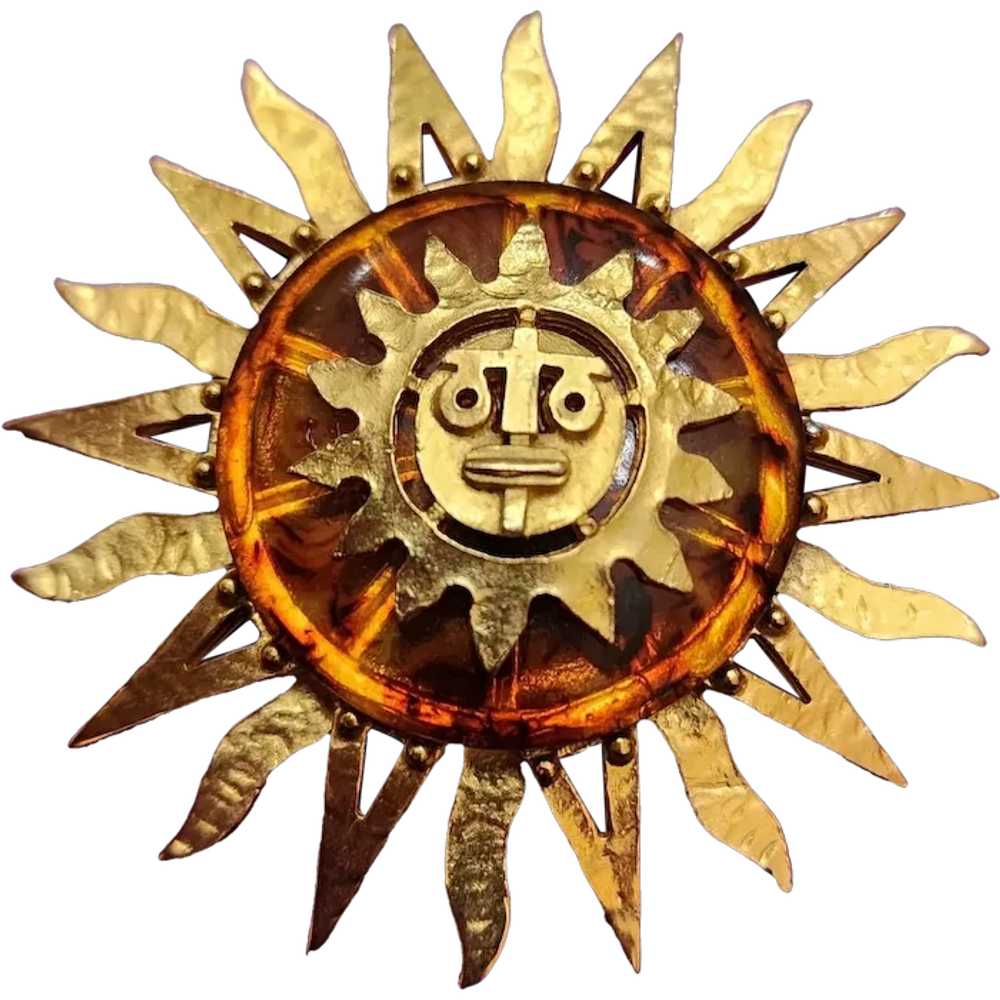 Vintage Unsigned Resin & Matte Gold Sun Brooch (A… - image 1