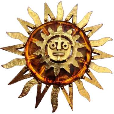 Vintage Unsigned Resin & Matte Gold Sun Brooch (A4