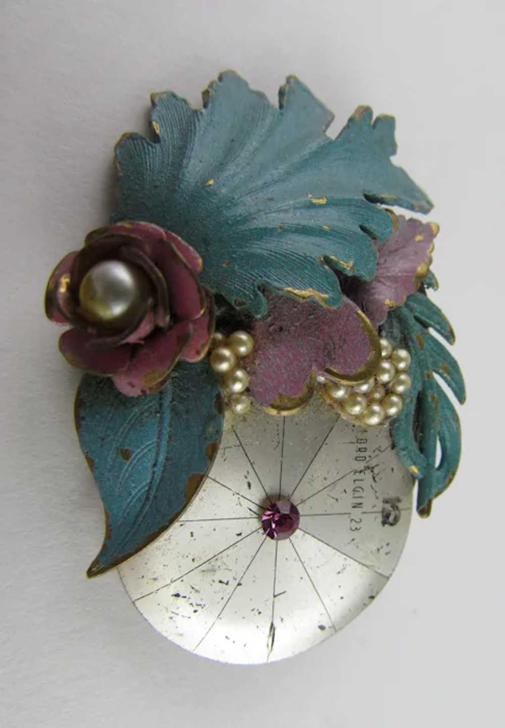 Vintage Collage Pin With Clock Face and Fabulous … - image 2