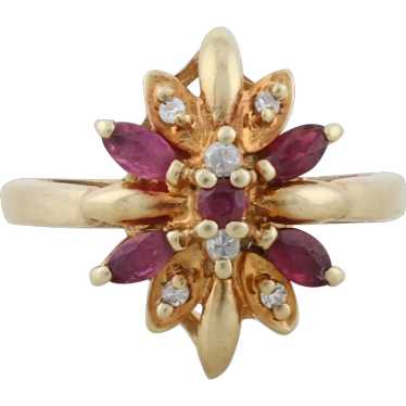 10k Yellow Gold Natural Ruby and Diamond Flower R… - image 1