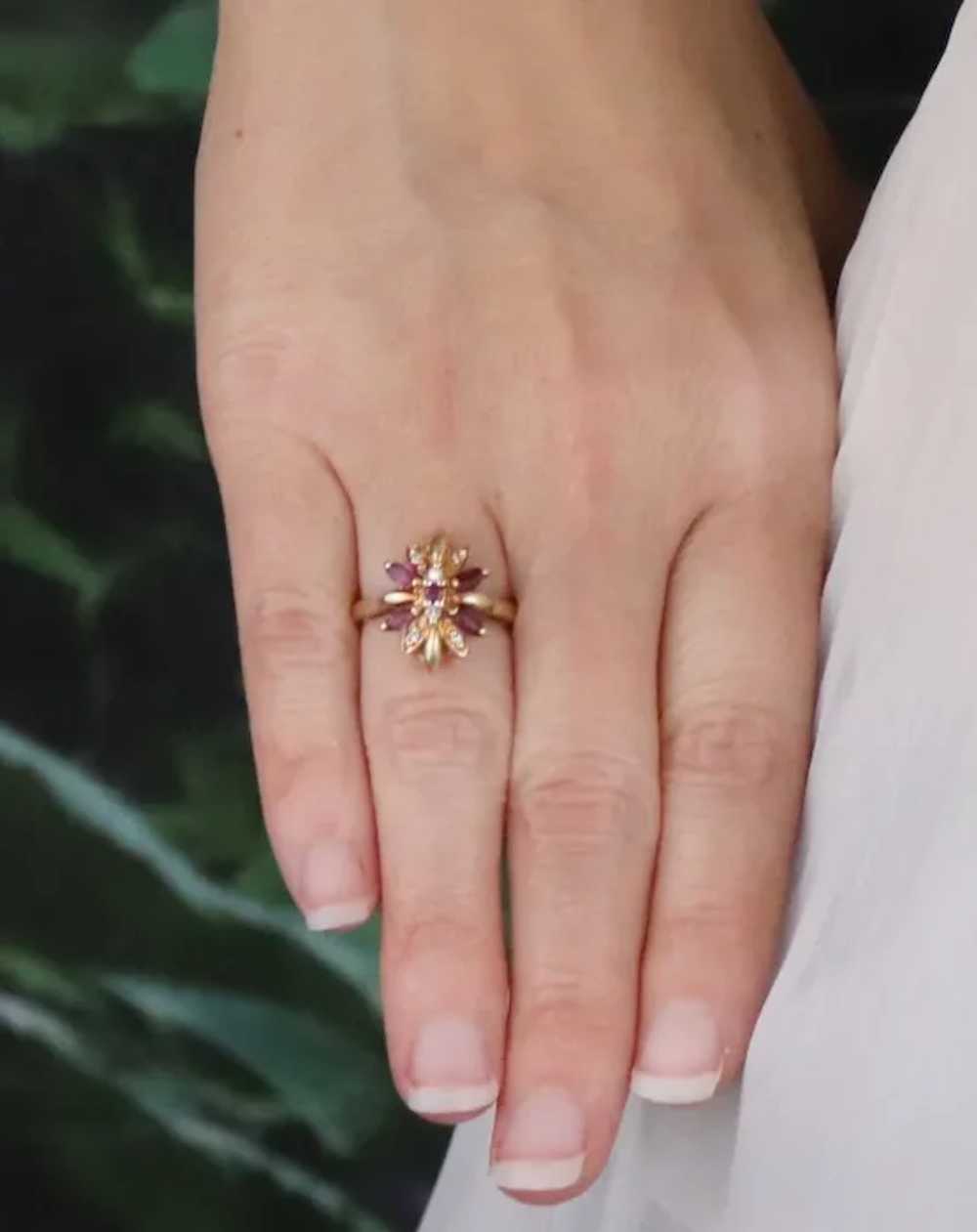 10k Yellow Gold Natural Ruby and Diamond Flower R… - image 2