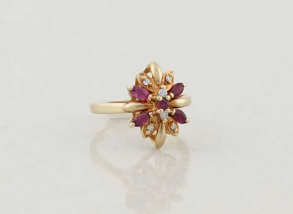 10k Yellow Gold Natural Ruby and Diamond Flower R… - image 4