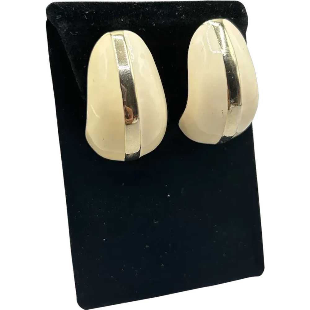 Big Chunky 80s 90s Clip On Earrings Beige Enamel … - image 1