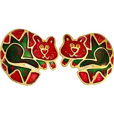 Vintage Red & Green Enameled Cozy Cat Pierced Ear… - image 1