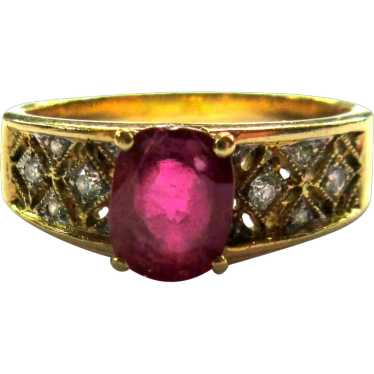 Ruby & Diamond Ring, 18K Gold, 60's Vintage, 1ct S