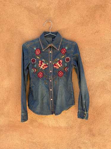 Embroidered Butterfly & Flowers Denim Cowgirl Blou