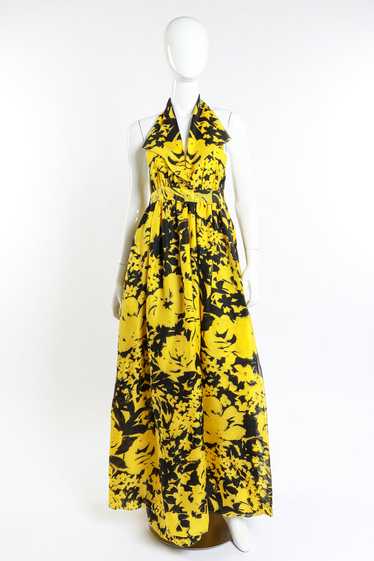 HALSTON Floral Tuxedo Halter Gown & Shawl