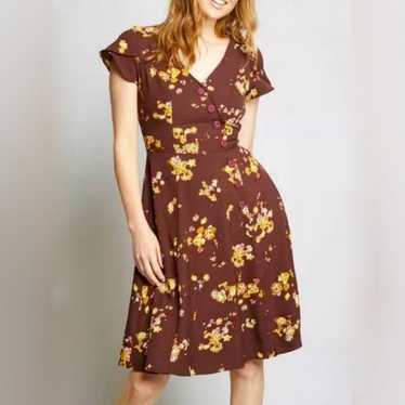 MODCLOTH Sentimental Brown Floral A-Line Dress Po… - image 1