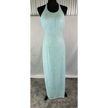 Vintage beaded womens prom dress slit light blue s