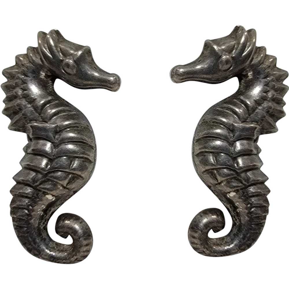 Sterling silver seahorse screw back earrings - image 1