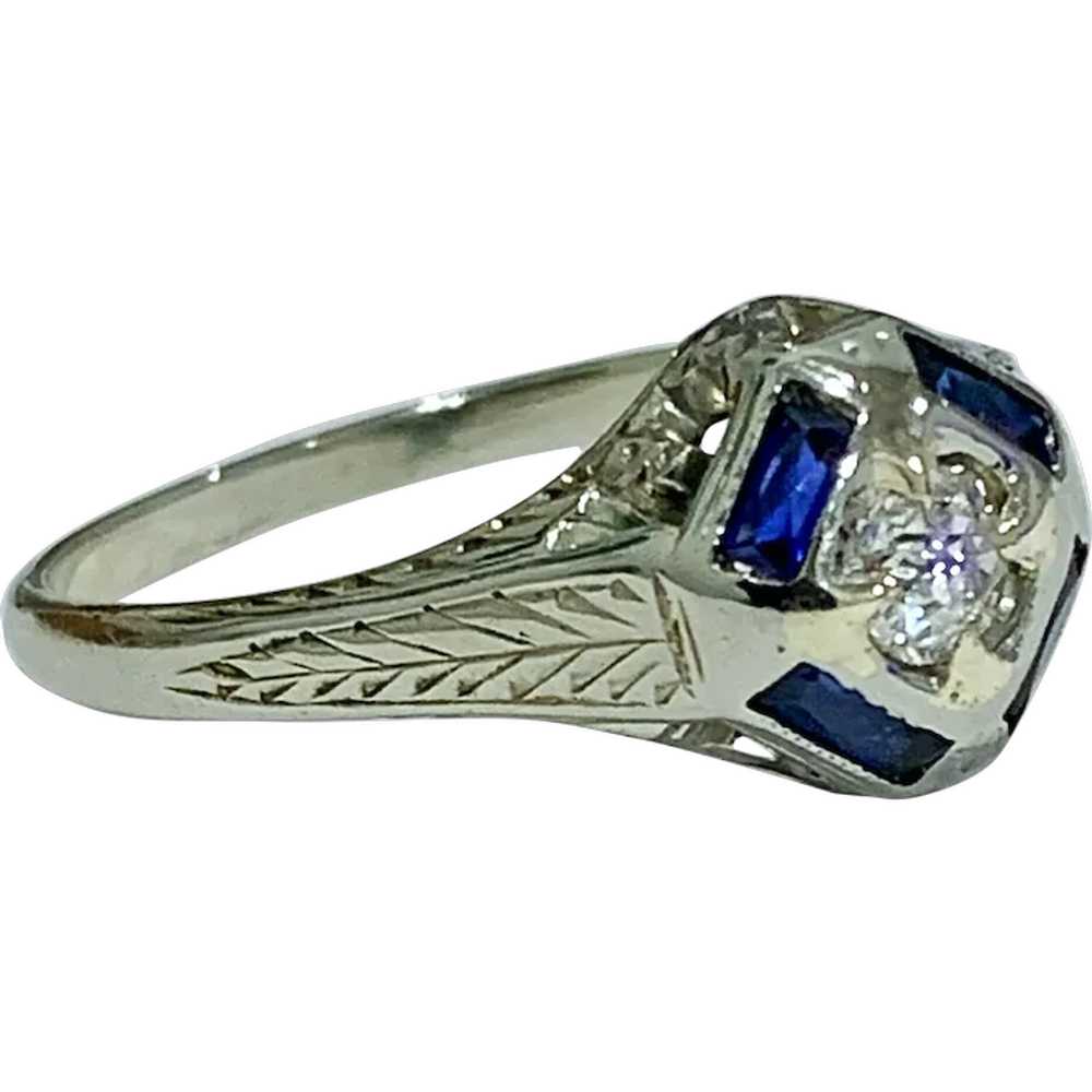 Antique Art Deco Old Mine Diamond Sapphire 18K Wh… - image 1