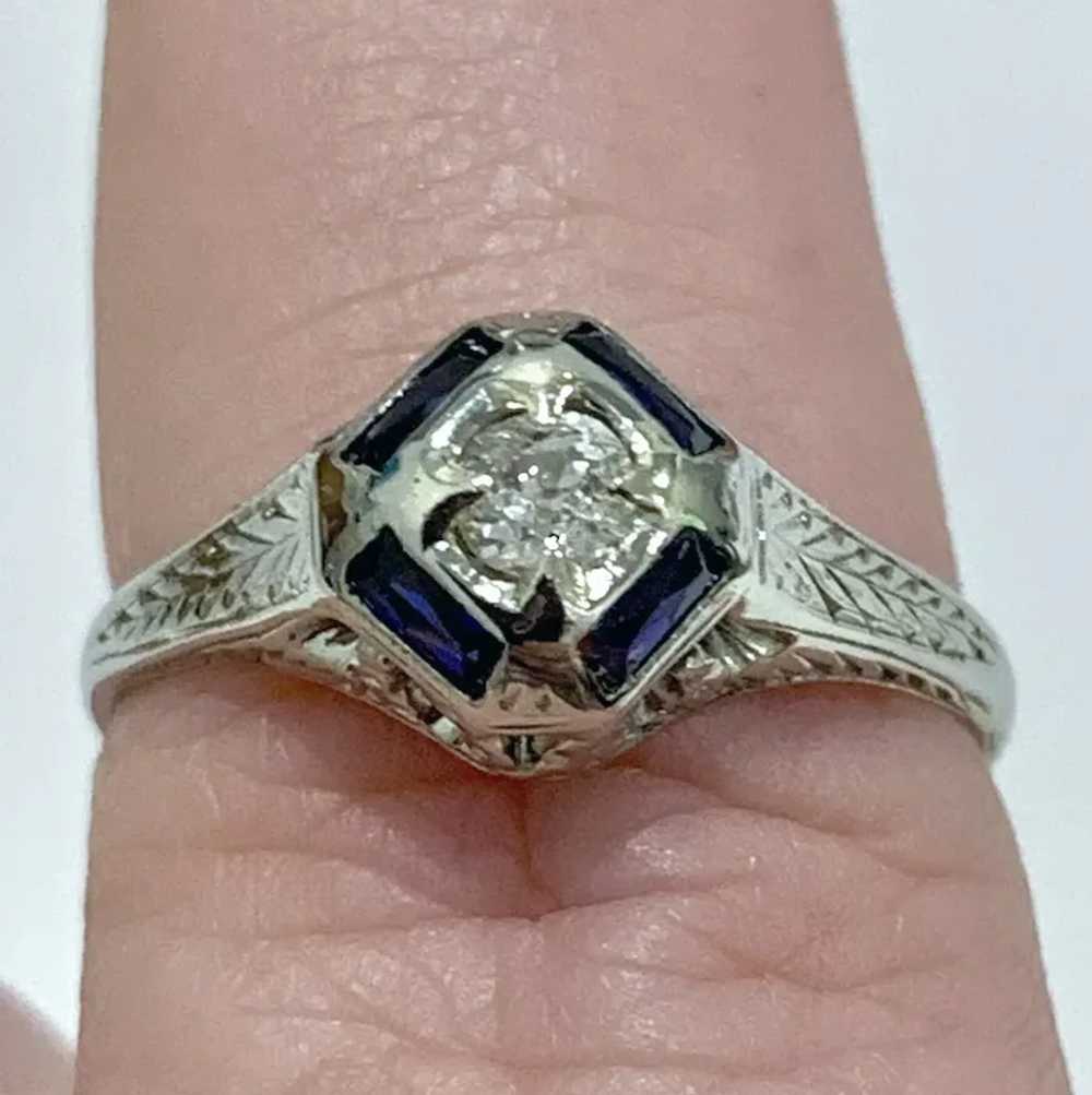 Antique Art Deco Old Mine Diamond Sapphire 18K Wh… - image 3