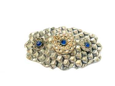 Vintage Silver-tone Brooch Honeycomb w/ Blue Ston… - image 1