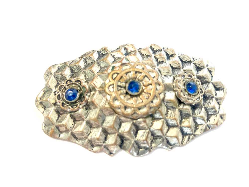 Vintage Silver-tone Brooch Honeycomb w/ Blue Ston… - image 4