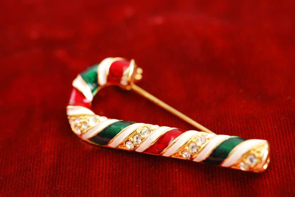 Vintage Candy Cane Brooch Rhinestone Enamel - image 1