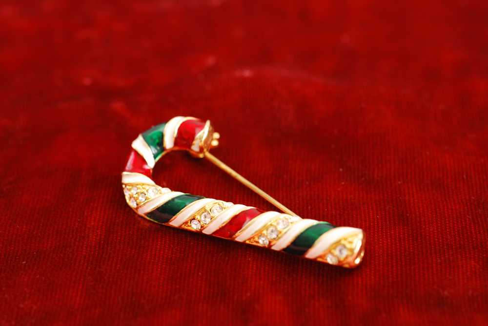 Vintage Candy Cane Brooch Rhinestone Enamel - image 2