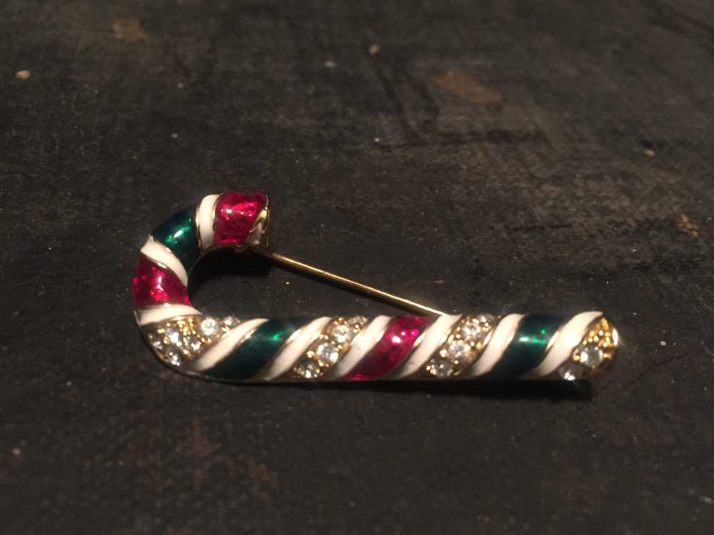 Vintage Candy Cane Brooch Rhinestone Enamel - image 3