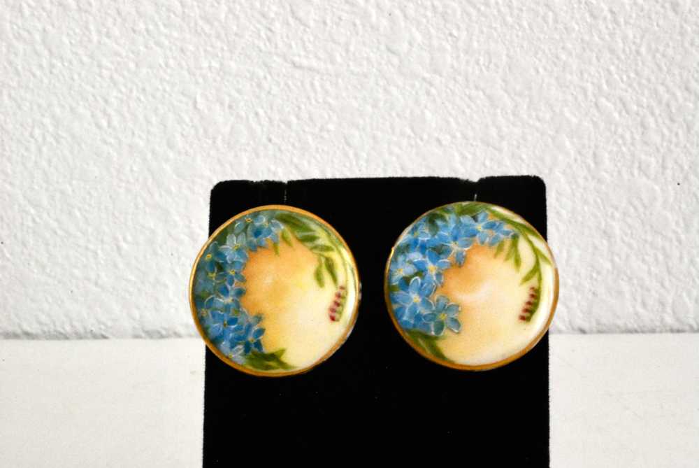 Vintage Porcelain Earrings Hand Painted Forget Me… - image 3