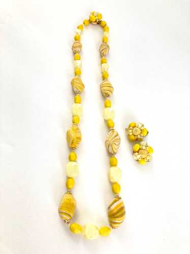 Lemon Yellow Beaded Necklace and Earrings Set 1960