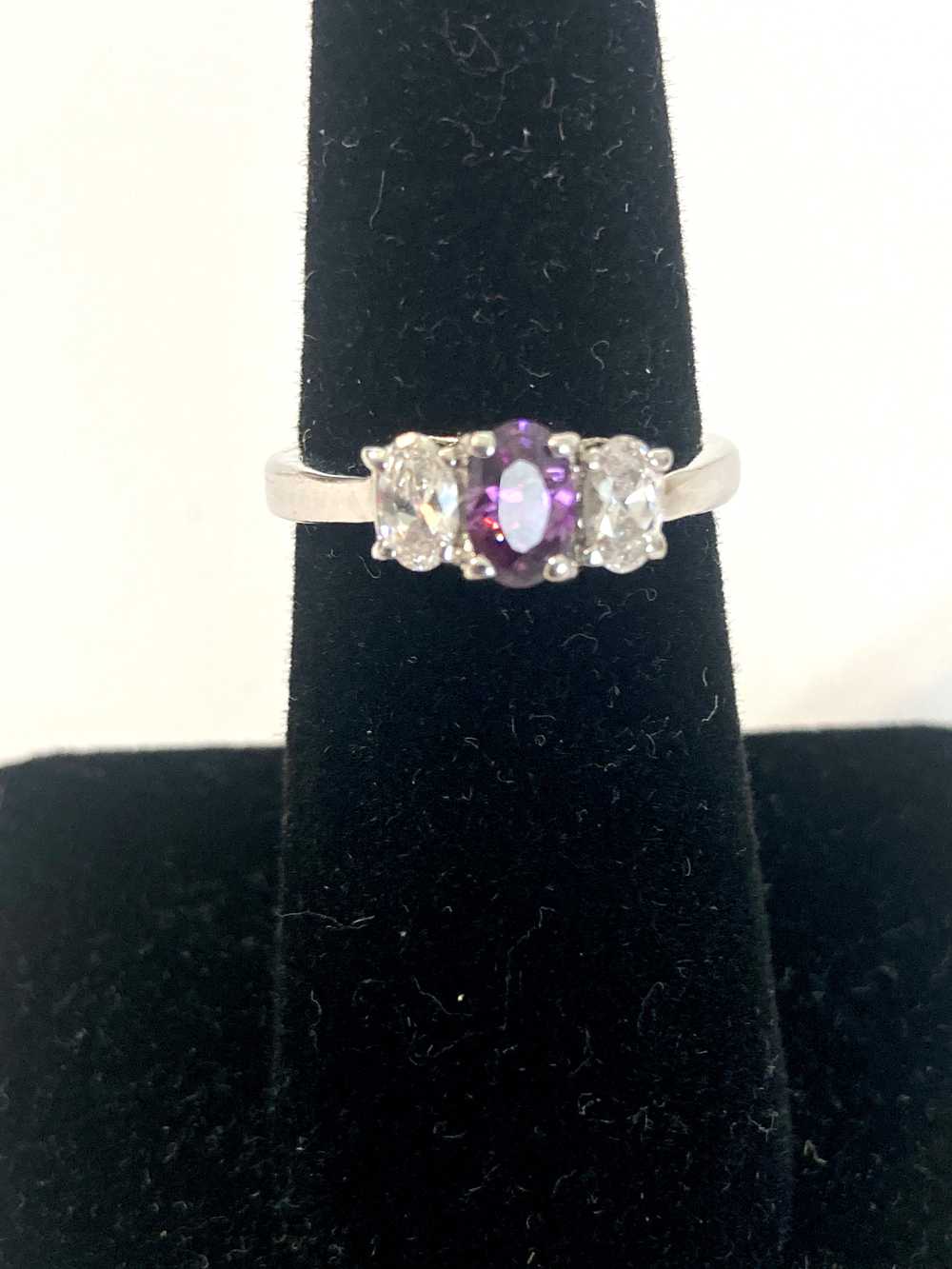 Three Stone Amethyst and Cubic Zirconia Ring - image 2