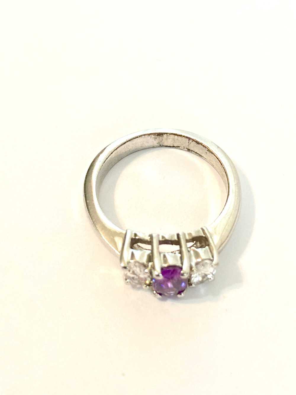 Three Stone Amethyst and Cubic Zirconia Ring - image 3